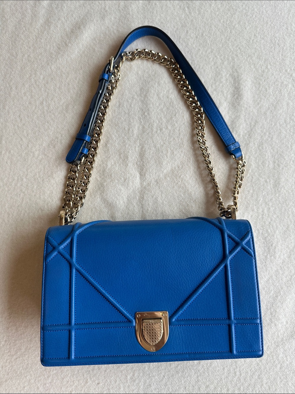 AUTHENTIC Dior Diorama Blue Leather Crossbody Bag with Gold/Silver Chain Strap